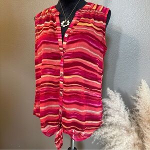 Sara Michelle Pink & Red Striped Sleeveless Button-Front Tie Blouse